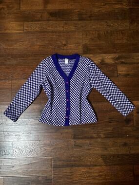 Vintage Acrylic Cardigan Purple White Checkered Knit Button Front Sweater Small